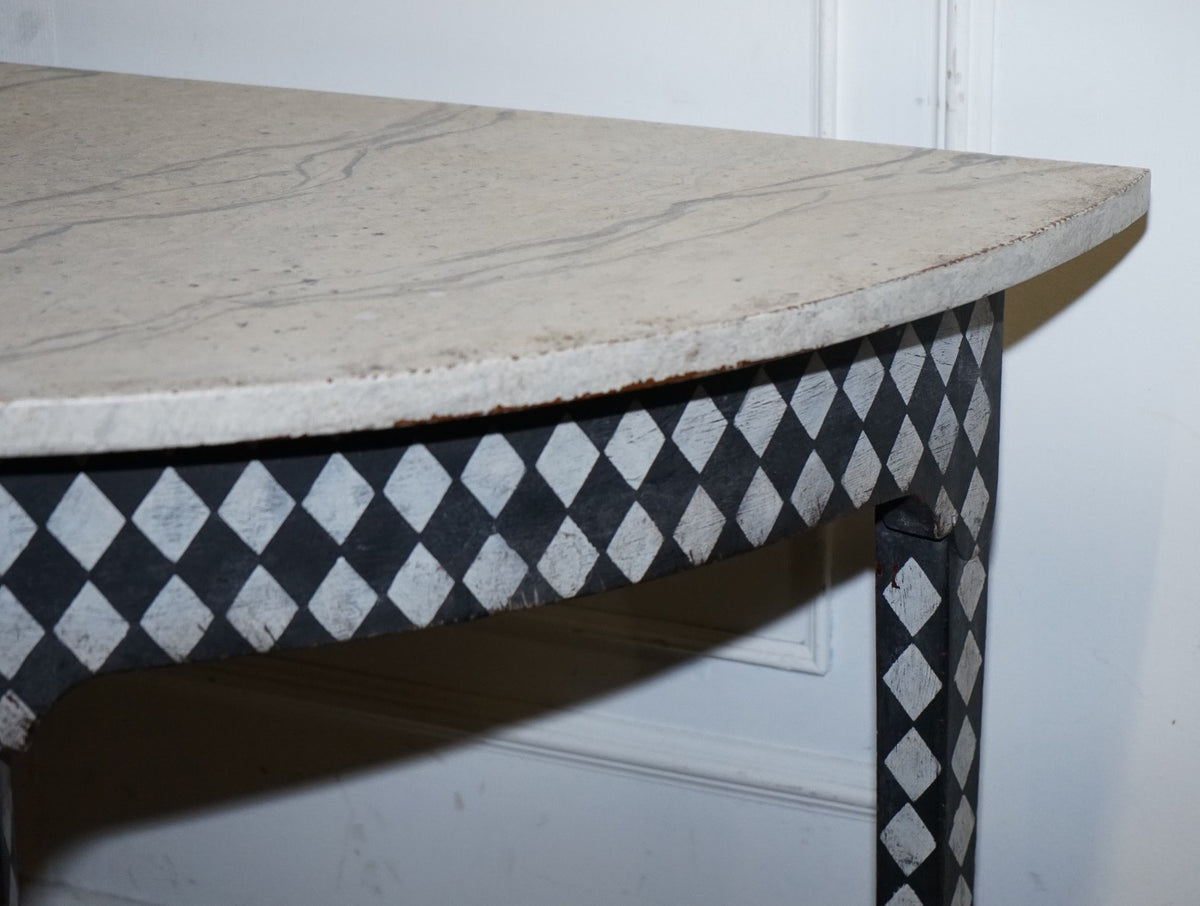 ENGLISH GEORGIAN HAND PAINTED PAIR OF DEMI LUNE SIDE CONSOLE TABLE MARBLE EFFECT