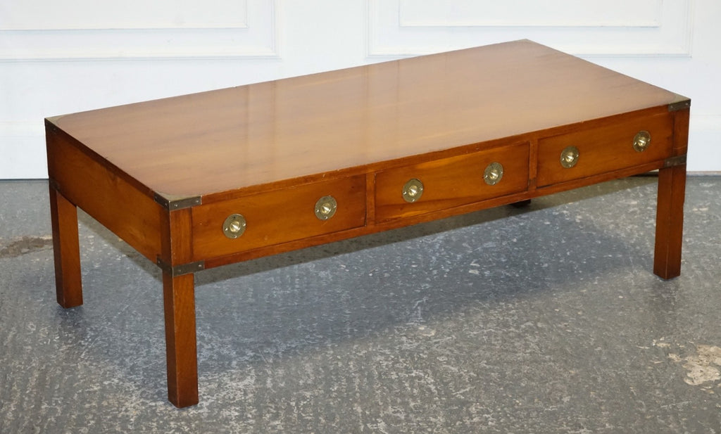 VINTAGE BURR YEW WOOD BRASS MILITARY CAMPAIGN 3 DRAWER COFFEE TABLE