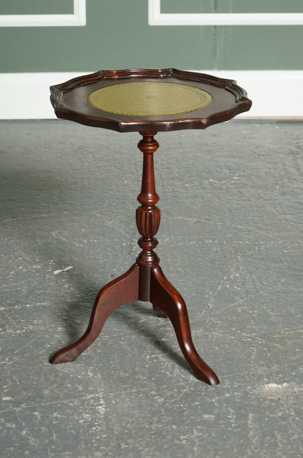 VINTAGE GREEN LEATHER TOP PLANT WINE SIDE STAND ON TRIPOD FEET