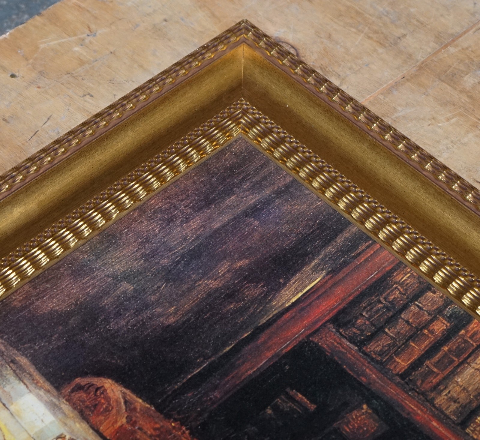 VINTAGE SOPHISTICATED LIBRARY SETTING PRINT IN GILTED FRAME  64 X 114 CM