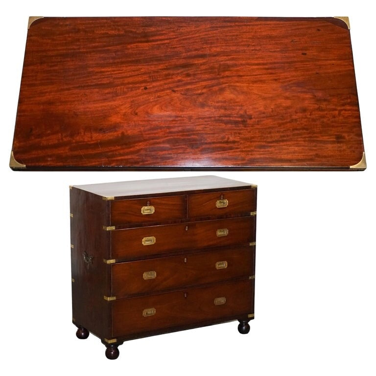 ANTIQUE VICTORIAN MILITARY CAMPAiGN CHEST OF GRADUATED DRAWERS