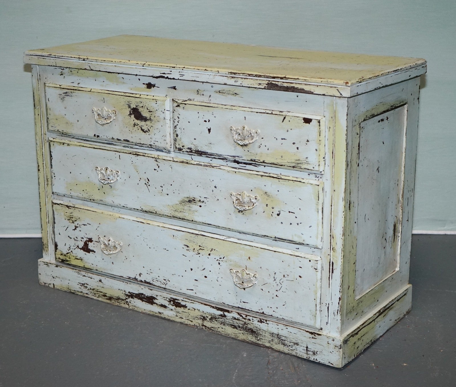 ANTIQUE HAND PAINTED PALE PINE GREEN THREE DRAWER CHEST OF DRAWERS