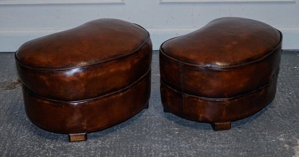 1920'S ART DECO RESTORED HAND DYED WHISKEY BROWN SUITE SOFA ARMCHAIRS FOOTSTOOLS