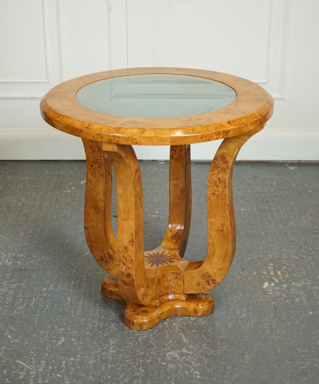 ART DECO BURR WALNUT CIRCULAIR PEDESTAL ROUND CONSOLE CENTER TABLE J1