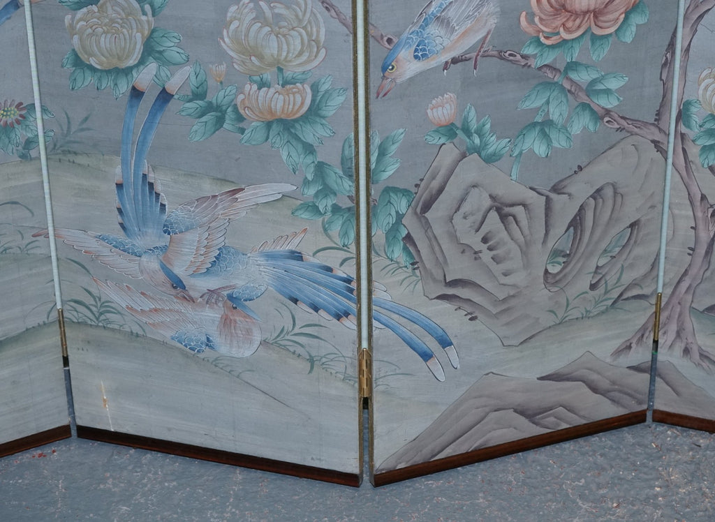 VINTAGE EXOTIC ORIENTAL BIRDS & FLOWERS FOLDING FOUR PANEL PETITE ROOM DIVIDER