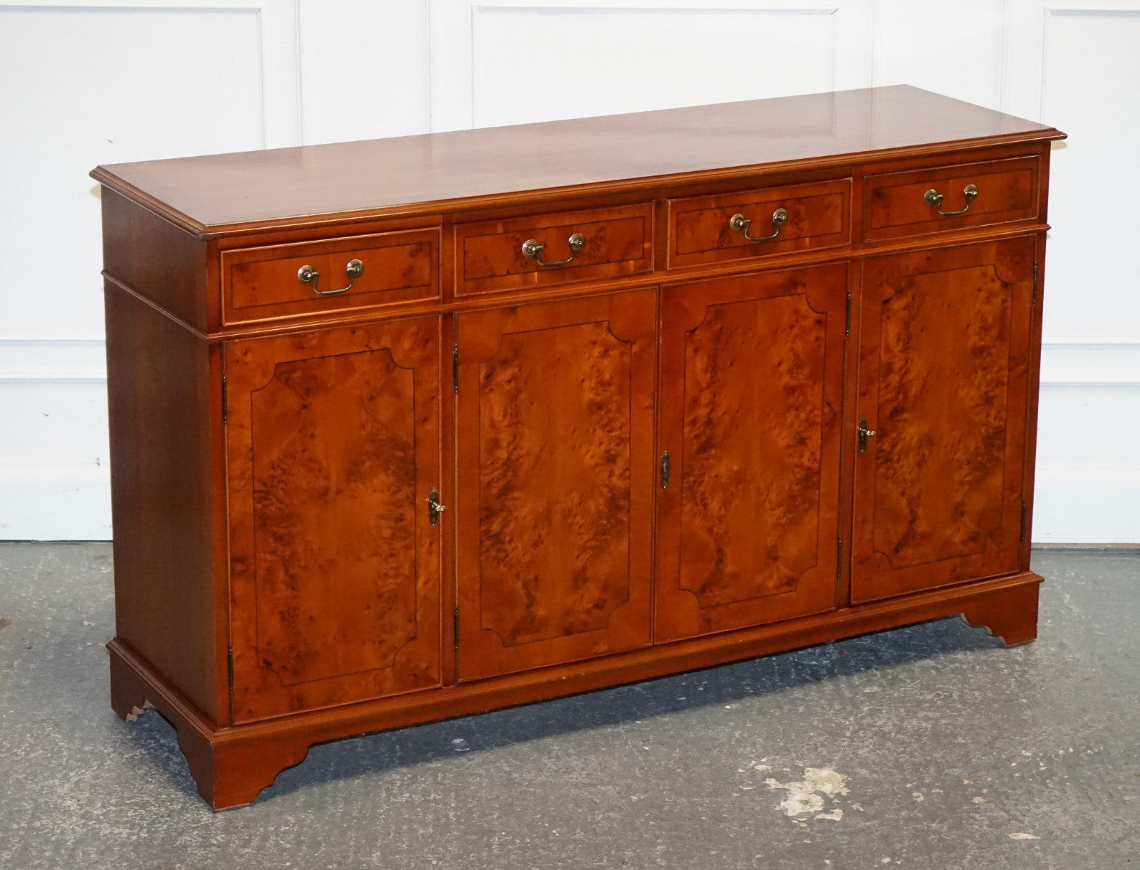 VINTAGE BURR YEW WOOD SIDEBOARD WITH FOUR CUPBOARDS & DRAWERS