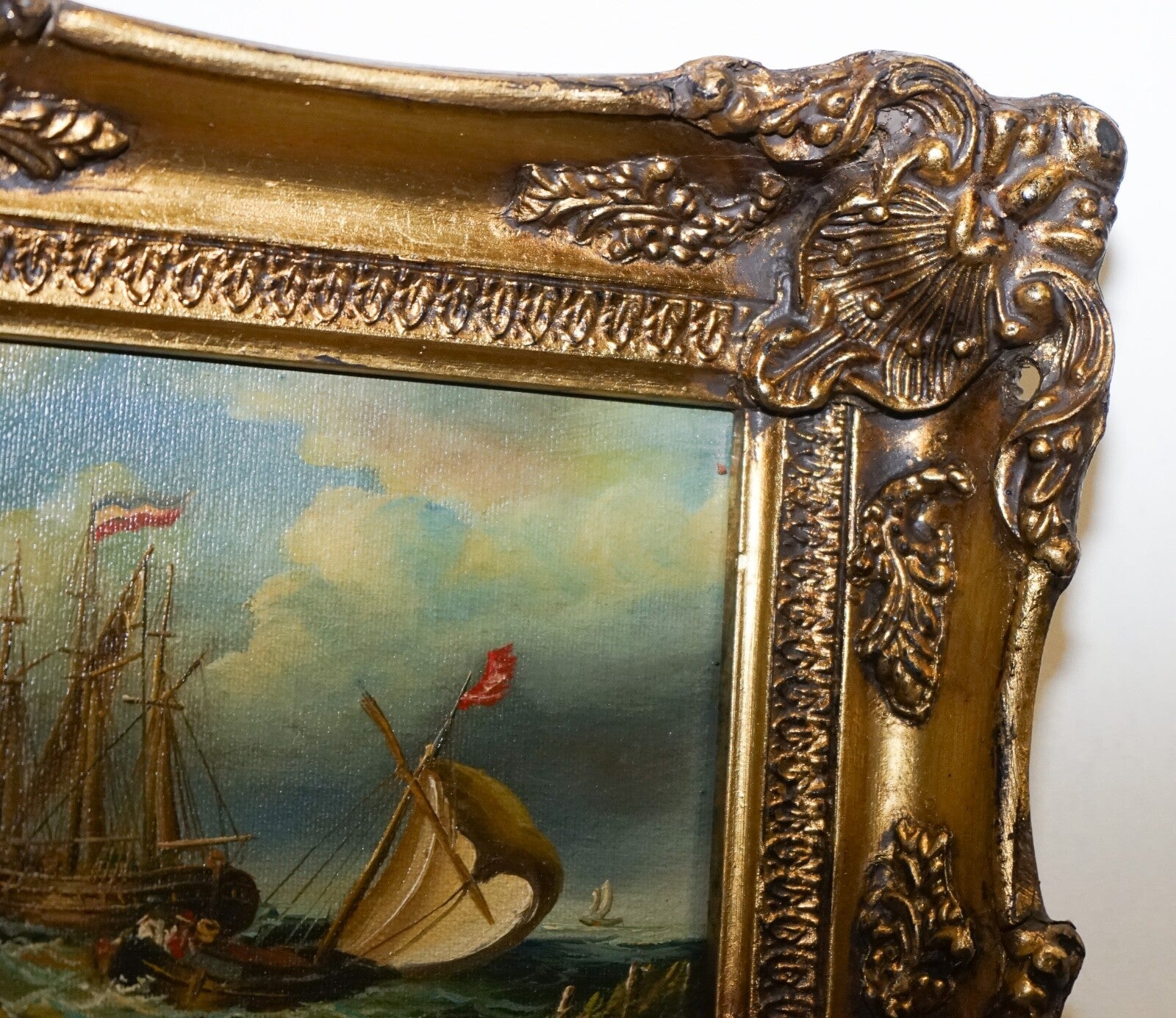 FINE ANTIQUE EARLY 20TH CENTURY OIL PAINTING OF FRENCH SHIP GILTWOOD FRAME