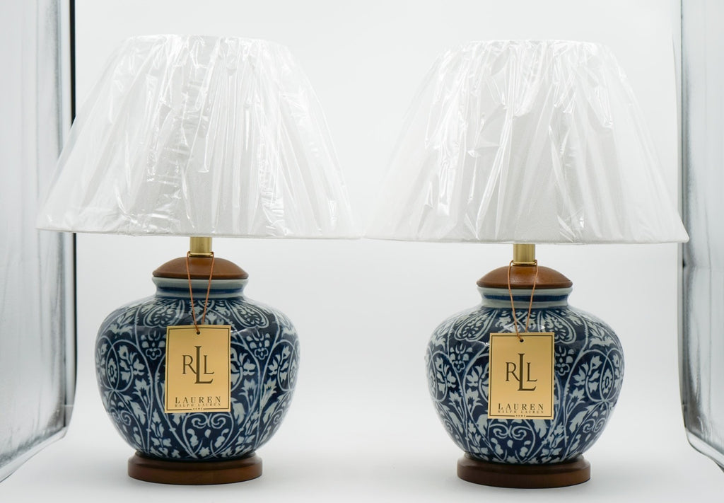 PAIR OF RALPH LAUREN EX DISPLAY CERAMIC TABLE LAMPS INCLUDING SHADES (1/2)