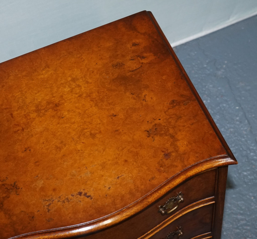 BEVAN FUNNELL REPRODUX BURR WALNUT SERPENTINE CHEST DRAWER BEDSIDE CABINET
