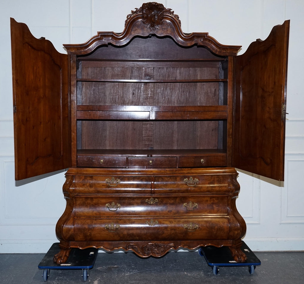 ANTIQUE CIRCA 1750 DUTCH LOUIS XV STYLE BURR WALNUT BOMBAY LINEN PRESS CABINET