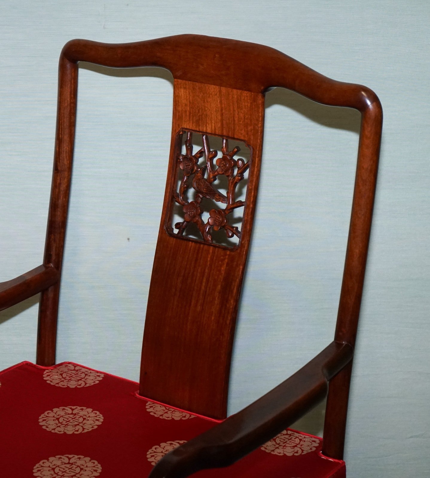 SET OF TEN VINTAGE ORIENTAL CHINESE HARDWOOD CARVER DINING ARMCHAIRS W/ CUSHIONS