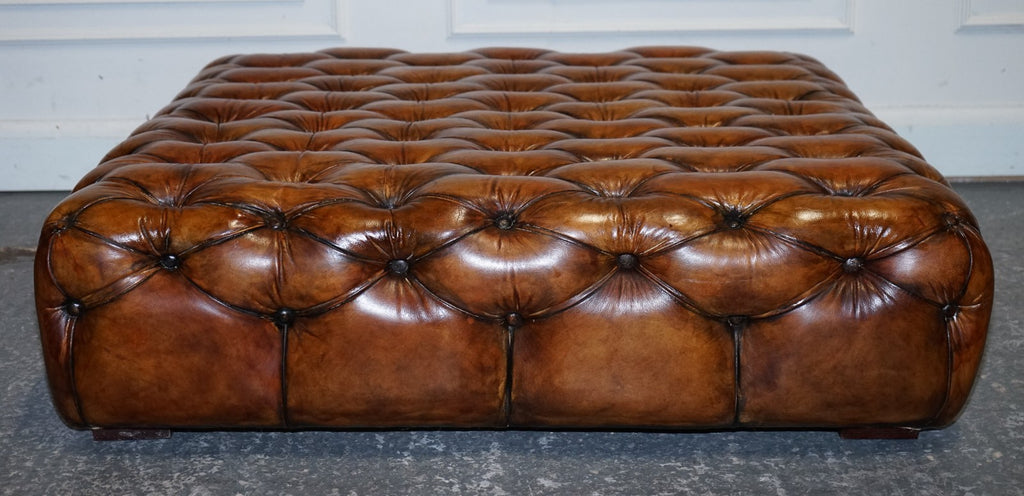 STUNNING LARGE HAND DYED BROWN LEATHER CHESTERFIELD FOOTSTOOL OTTOMAN