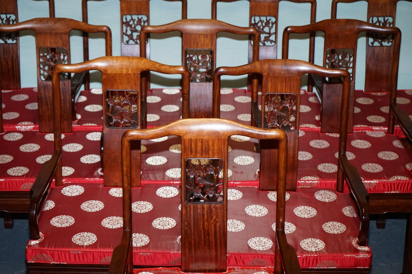 SET OF TEN VINTAGE ORIENTAL CHINESE HARDWOOD CARVER DINING ARMCHAIRS W/ CUSHIONS