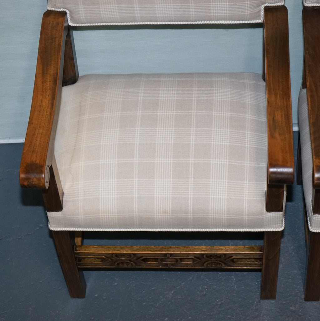 LOVELY PAIR OF VICTORIAN NEWLY UPHOLSTERED CARVER ARMCHAIRS CARVED WOOD DETAIL