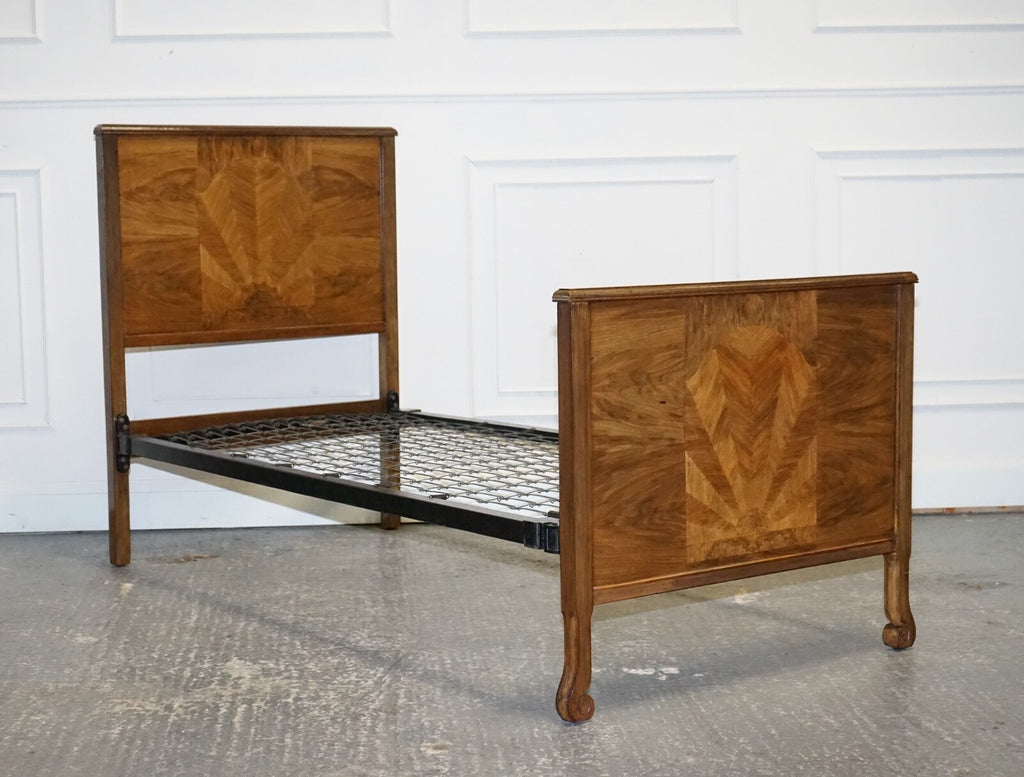 ART DECO BURR WALNUT DECORATIVE INLAID PANELS SINGLE BED (1/2)