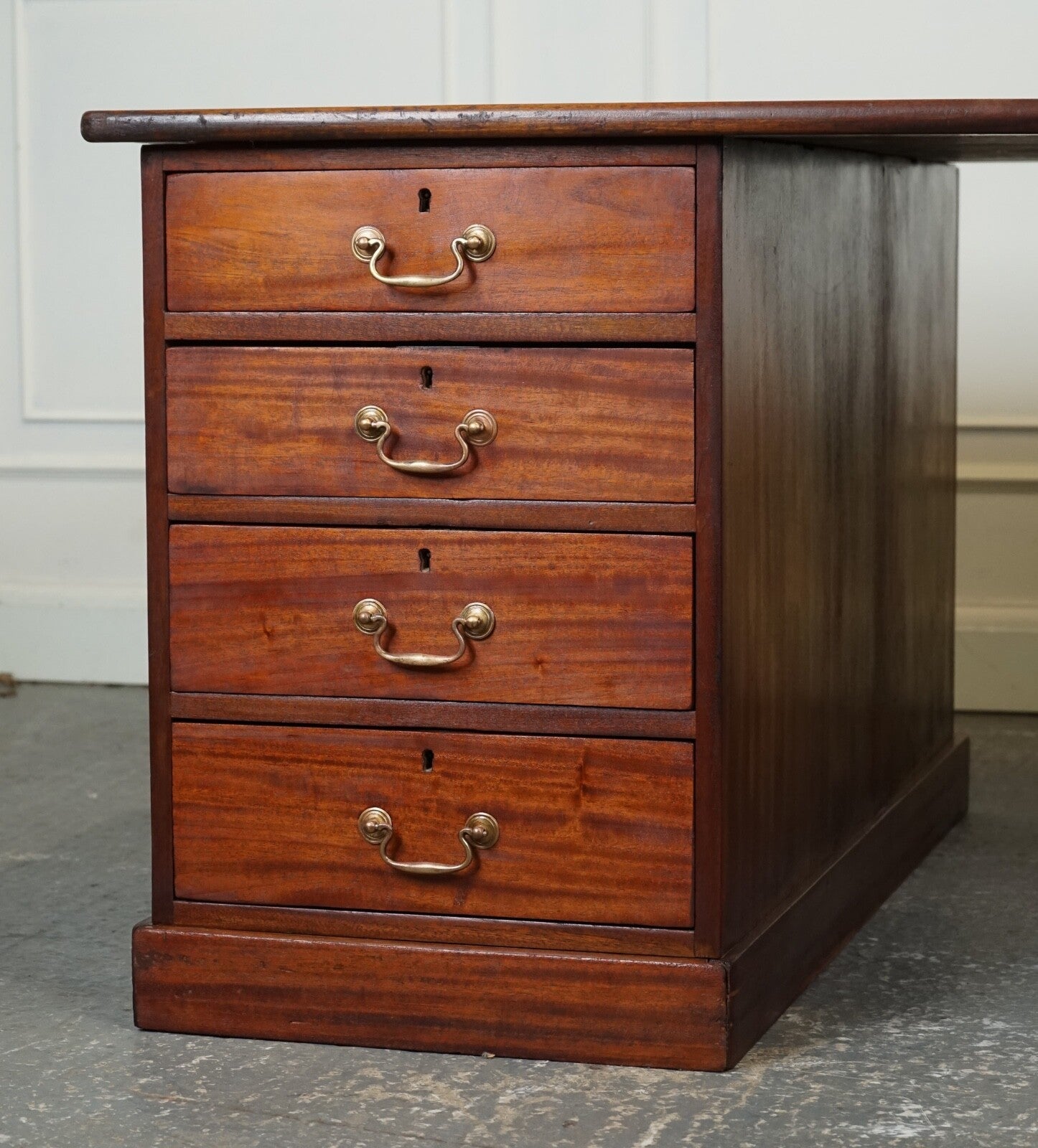 ANTIQUE HUGE DISTRESSED PARTNERS DESK WITH NAVY BLUE LEATHER TOP J1