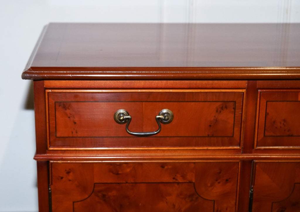 VINTAGE BURR YEW WOOD SIDEBOARD WITH FOUR CUPBOARDS & DRAWERS