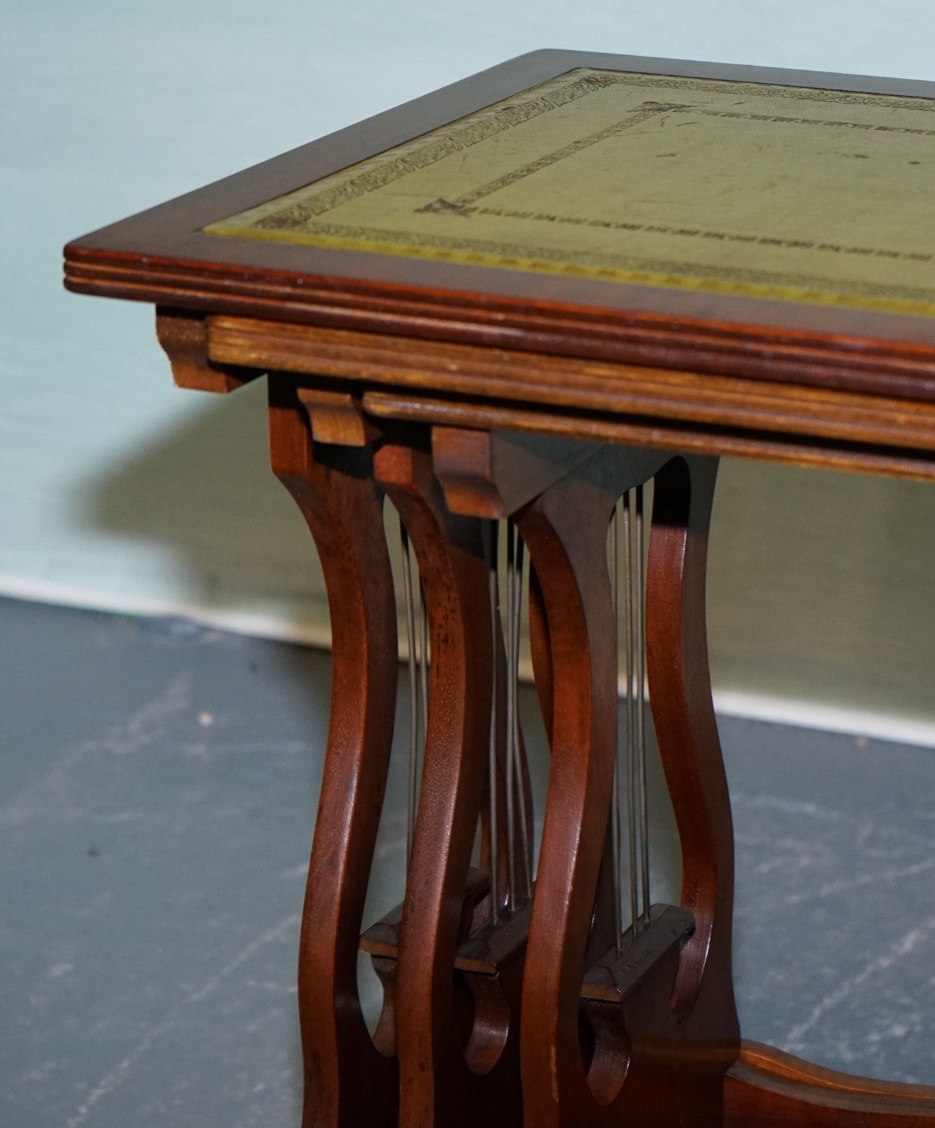 VINTAGE LYRE BASE GREEN LEATHER TOP NEST OF TABLES SIDE TABLES