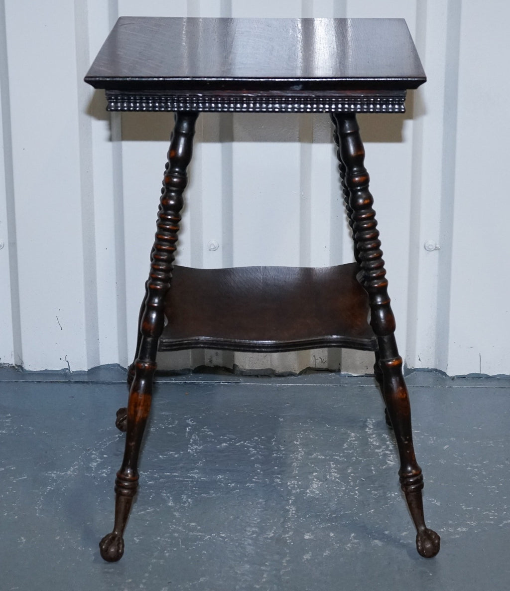 ANTIQUE VICTORIAN TIGER OAK SIDE TABLE TURNED BOBBIN LEGS WITH CAST IRON FEET