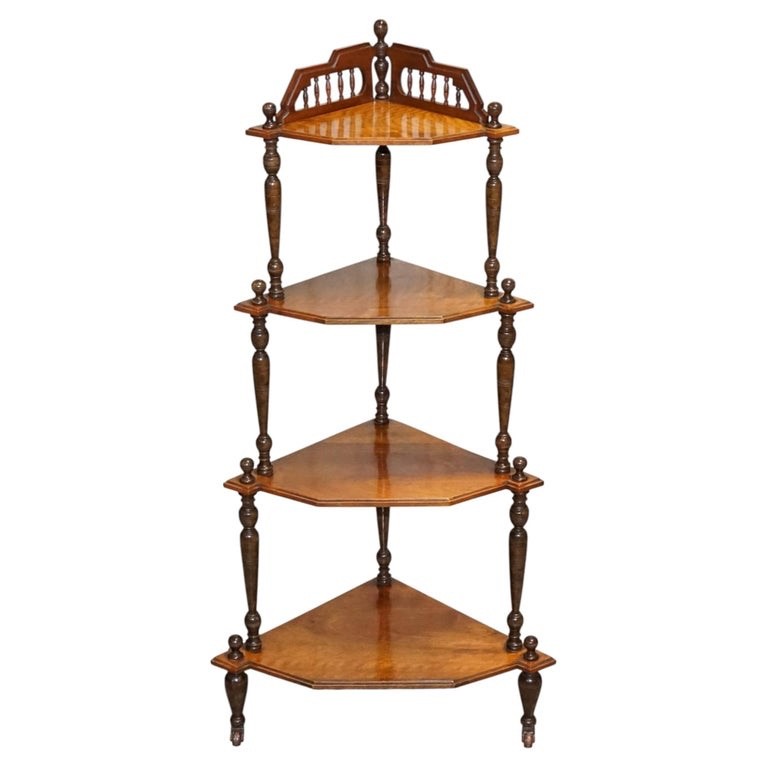 VICTORIAN ENGLISH INLAID BURR WALNUT CORNER WHATNOT STAND