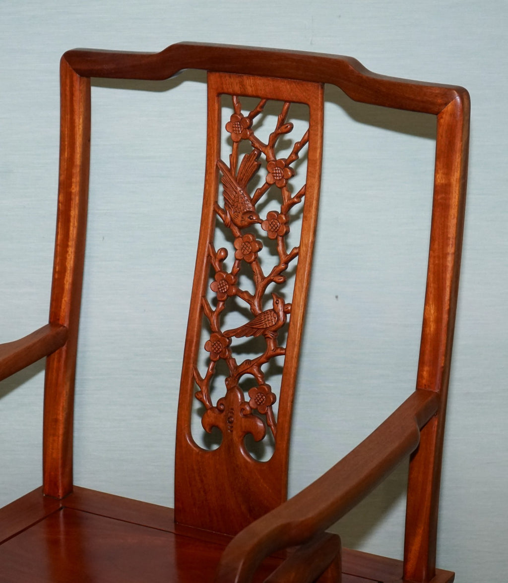 VINTAGE ORIENTAL CHINESE TEAK CARVED FLOWER AND BIRD ARMCHAIR