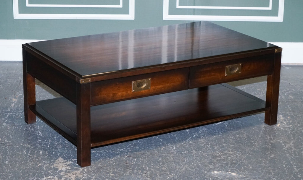 STUNNING VINTAGE MILITARY CAMPAIGN MAHOGANY & BRASS COFFEE TABLE