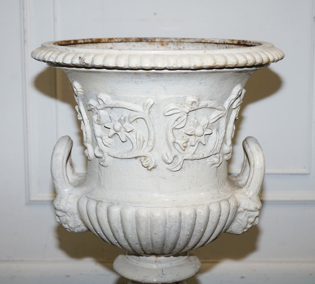 VICTORIAN PAINTED CAST IRON URN FLARED BEADED RIMS ABOVE SCROLLiNG ACANTHUS