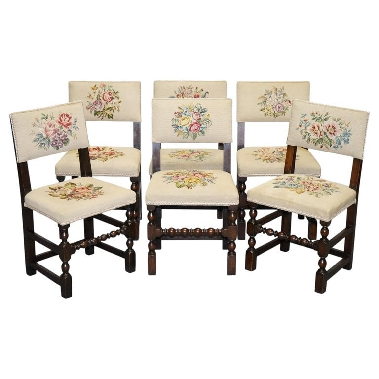 ENGLISH VICTORIAN SET OF SIX ORIGINAL FLORAL TAPESTRY UPHOLSTERY DINNING CHAIRS