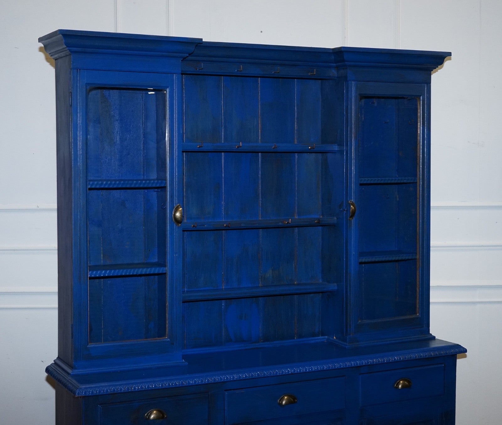 ANTIQUE VICTORIAN VIBRANT BLUE HAND PAINTED KITCHEN CUPBOARD CABINET