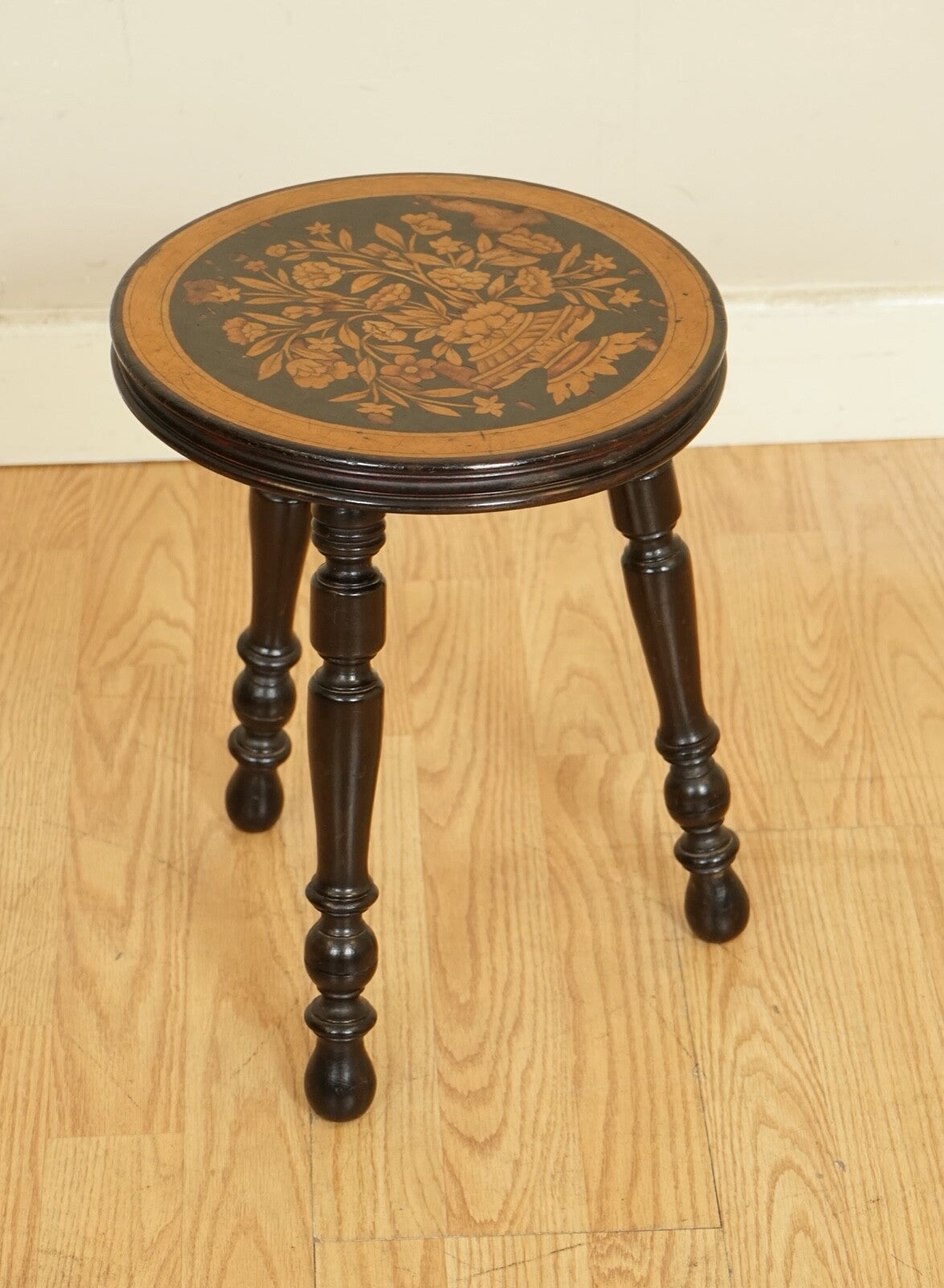 LOVELY DUTCH MARQUETRY LACQUERED STOOL SIDE END TABLE