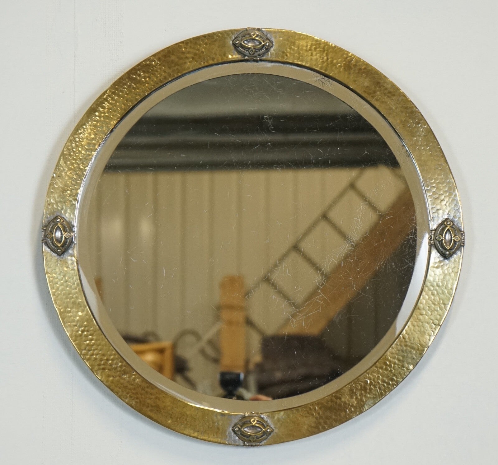 ARTS & CRAFTS LIBERTYS OF LONDON HAMMERED BRASS WALL MIRROR CIRCA 1910