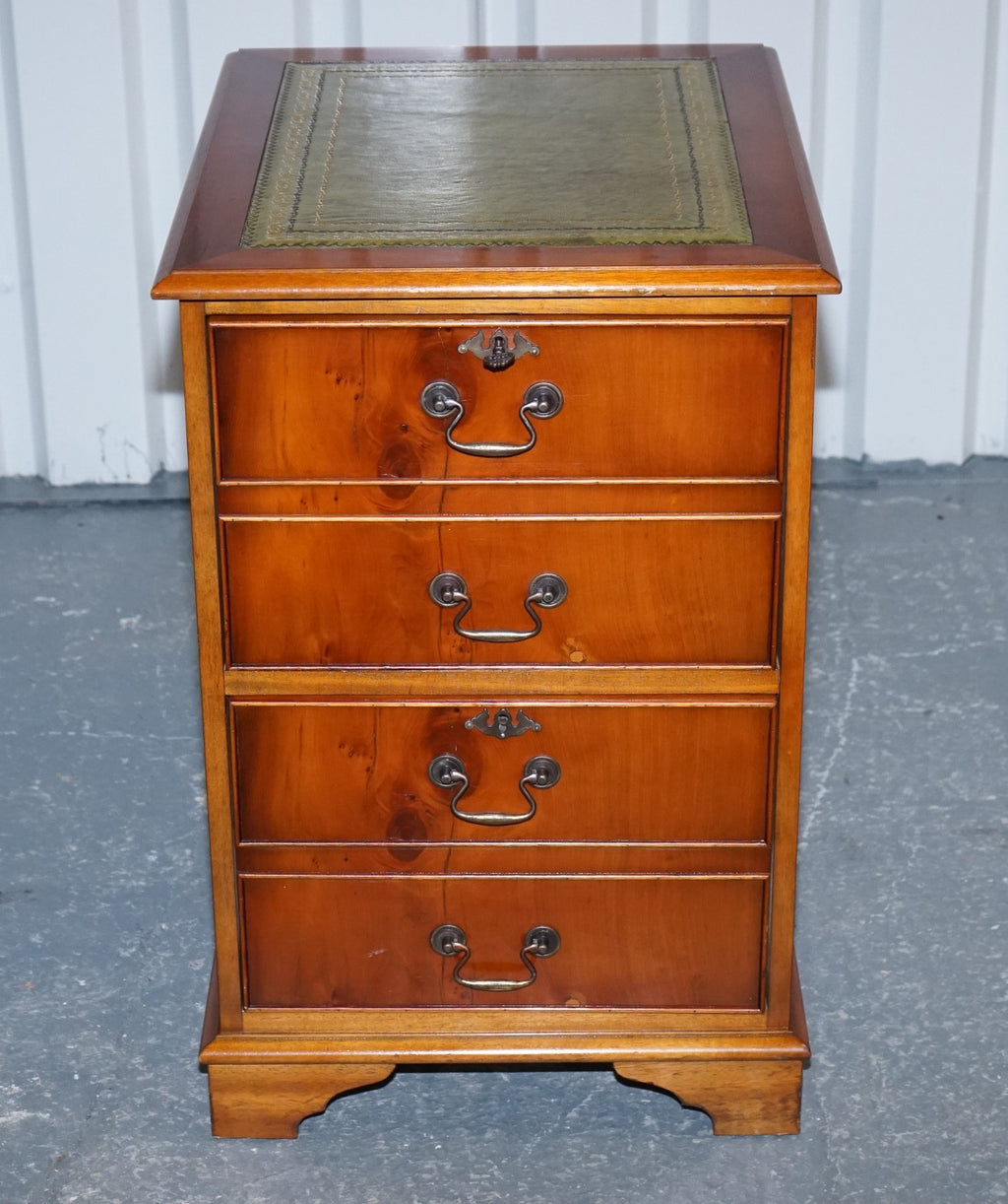 VINTAGE YEW WOOD FILLING CABINET WITH GREEN LEATHER TOP AND TWO DRAWERS