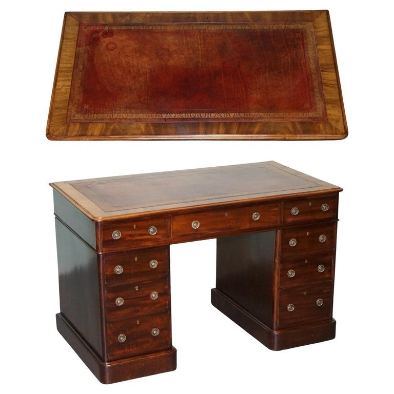 ANTIQUE VICTORiAN HARDWOOD PEDESTAL DESK WITH TOOLED LEATHER TOP