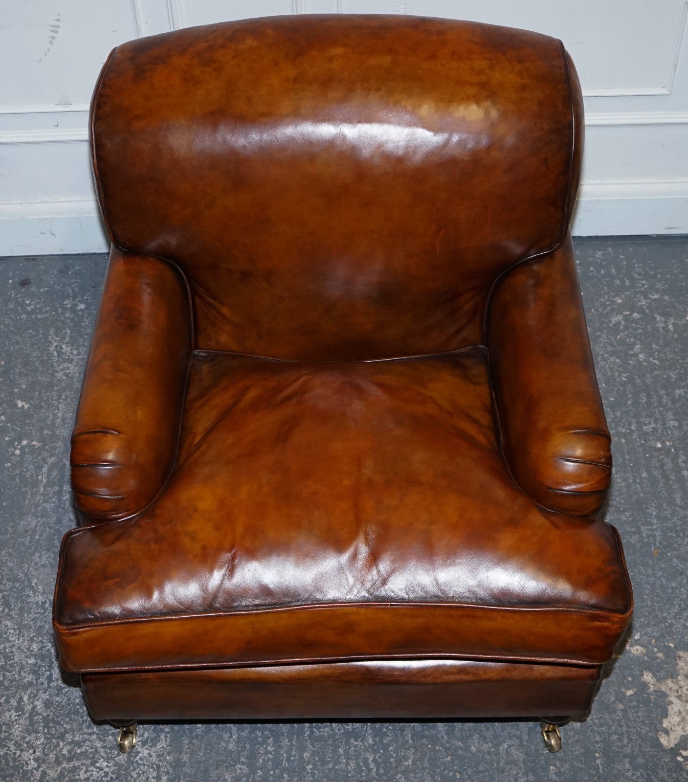 LARGE PAIR HOWARD STYLE HAND DYED LEATHER ARMCHAIRS FEATHER FILLED CUSHIONS