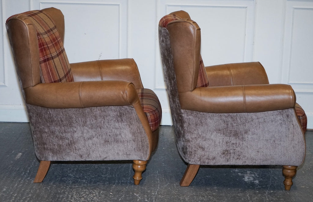 STUNNING PAIR OF  ALEXANDER & JAMES LAWRENCE LEATHER & FABRIC WINGBACK ARMCHAIRS