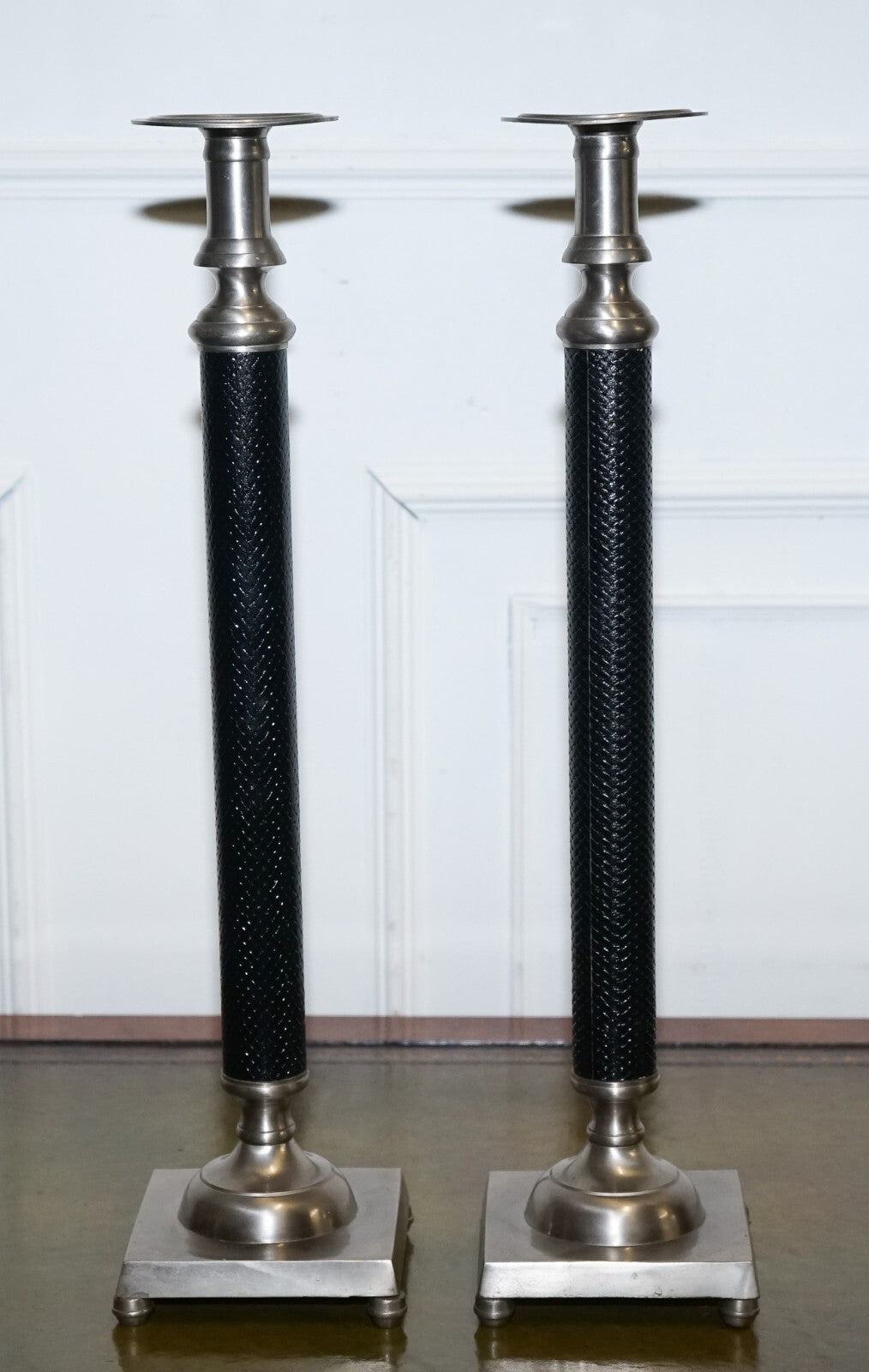 PAIR OF SILVER STAINLESS STEEL & BLACK RALPH LAUREN STYLE CANDLEHOLDERS