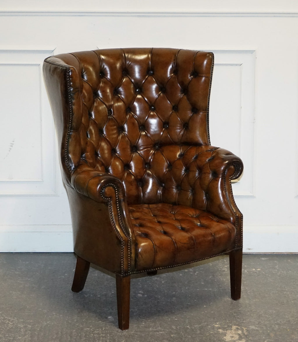 RESTORED CHESTERFIELD HAND DYED LEATHER PORTERS WINGBACK ARMCHAIR
