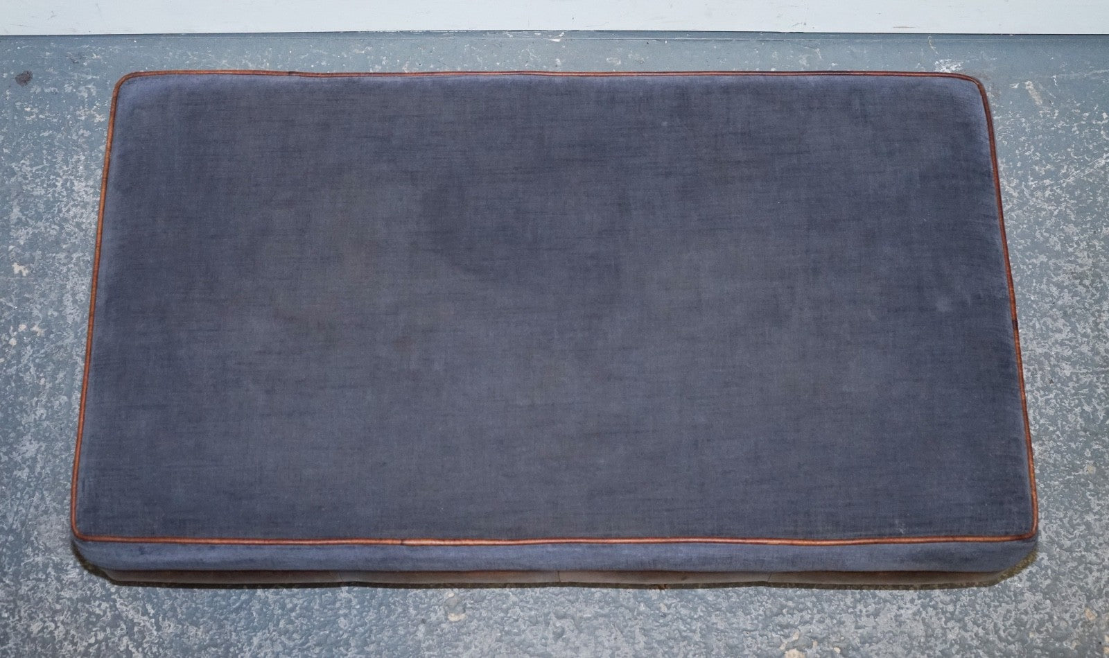 LARGE TETRAD CONSTABLE OTTOMAN RECTANGULAR FOOTSTOOL BLUE FABRIC & LEATHER BASE