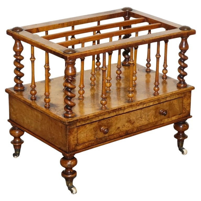 FINE ANTIQUE VICTORIAN 1860 BURR WALNUT CANTERBURY MAGAZINE RACK BOBBIN COLUMNS