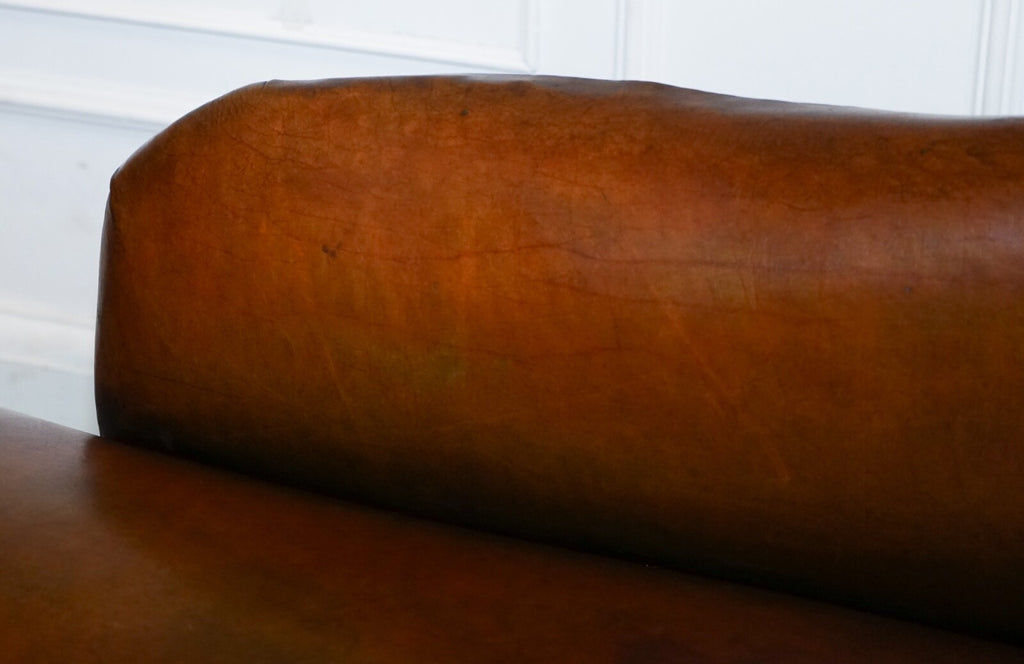 ANTIQUE RESTORED VICTORIAN BROWN LEATHER HAND DYED CHAISE LOUNGE SETTEE