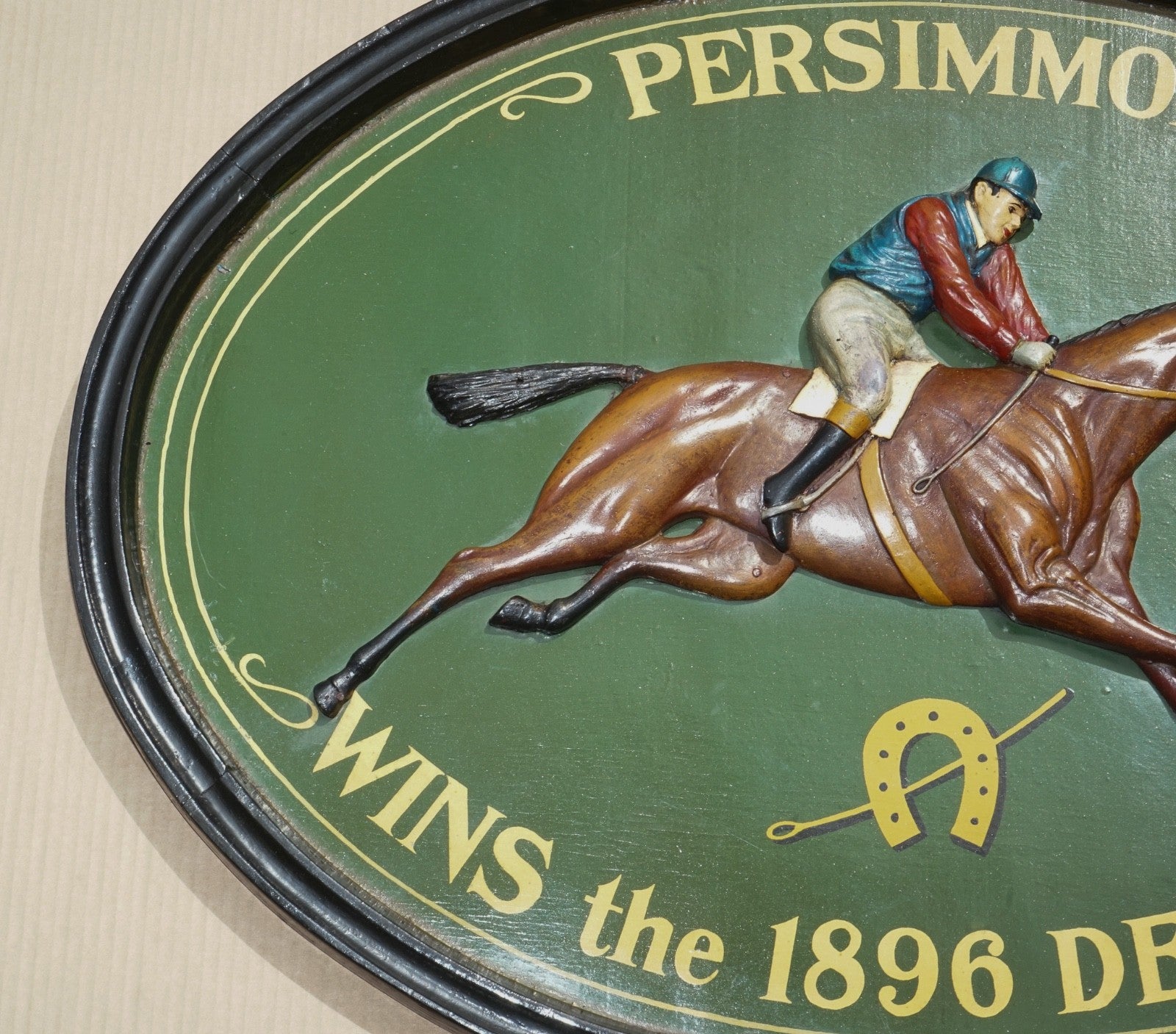 ORIGINAL 1960'S COUNTRY CORNER PUB SIGN PERSIMMON 1896 DERBY DAY SOLID WOOD