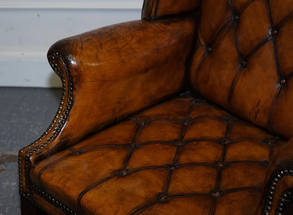 STUNNING 1960'S HAND DYED BROWN LEATHER CHESTERFIELD WINGBACK ARMCHAIRS
