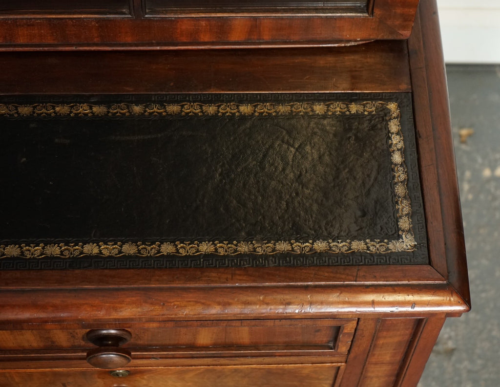 ANTIQUE DRESSER BOOKCASE DISPLAY CABINET ON CHEST OF DRAWERS BLACK LEATHER TOP