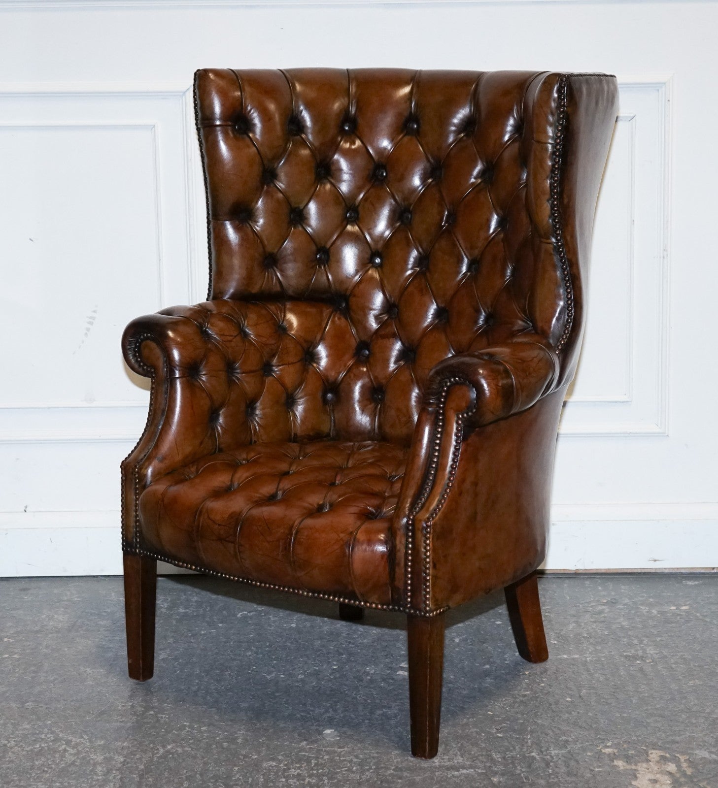 RESTORED CHESTERFIELD HAND DYED LEATHER PORTERS WINGBACK ARMCHAIR