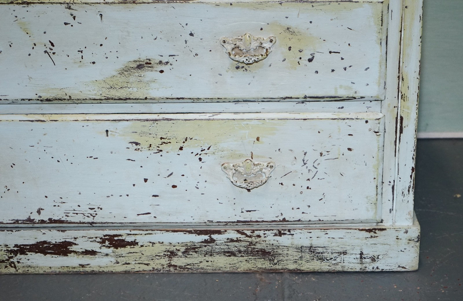 ANTIQUE HAND PAINTED PALE PINE GREEN THREE DRAWER CHEST OF DRAWERS