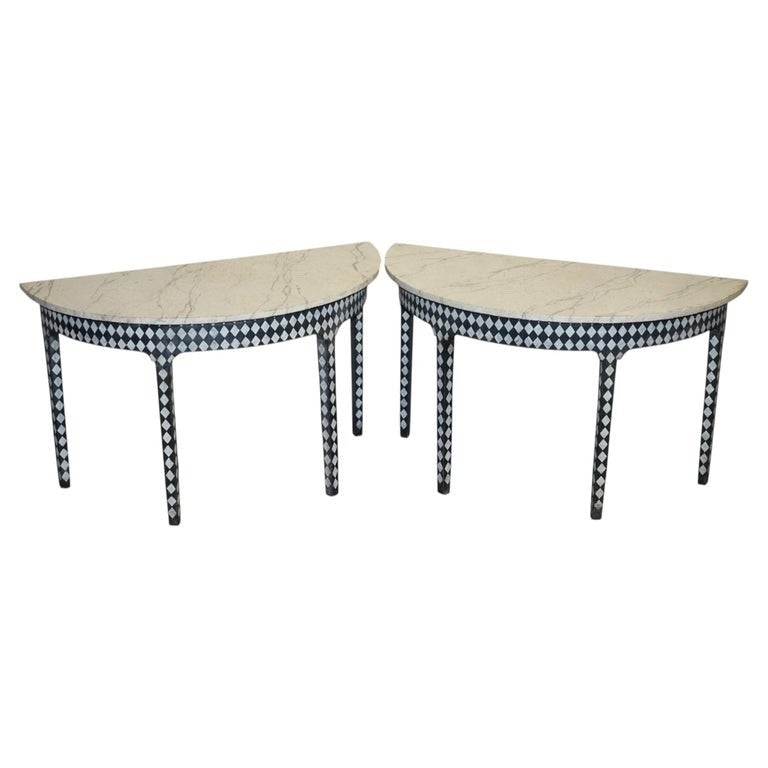 ENGLISH GEORGIAN HAND PAINTED PAIR OF DEMI LUNE SIDE CONSOLE TABLE MARBLE EFFECT