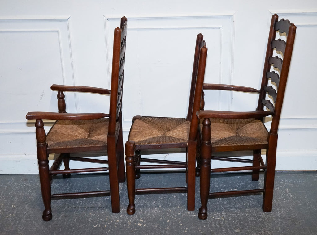 SET OF SIX ENGLISH ANTIQUE CIRCA 1910 LADDERBACK RUSH SEAT DINING CHAIRS