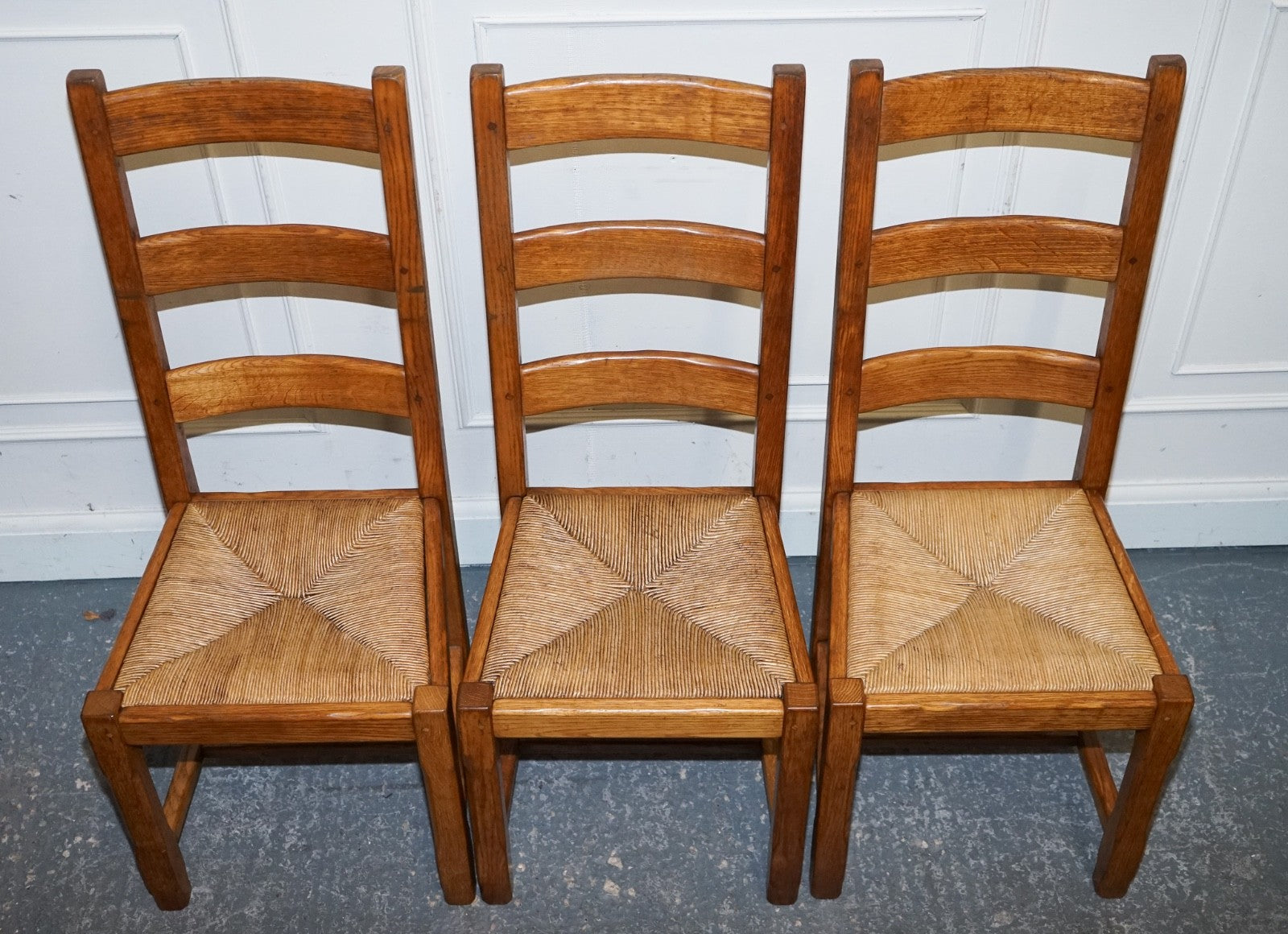 1950'S FRENCH SET OF 6 FARM COUNTRY HOUSE LADDER BACK DINING CHAIRS STRAW SEATS