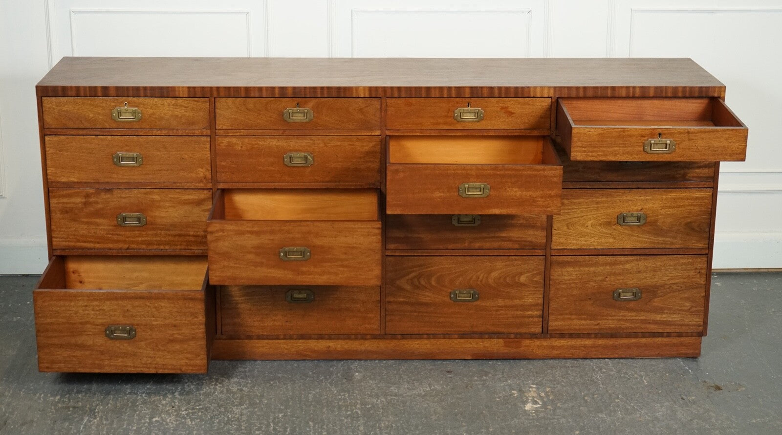 RARE ANTIQUE MILITARY CAMPAIGN MERCHANTS COUNTER SIDEBOARD GRADUATED DRAWERS