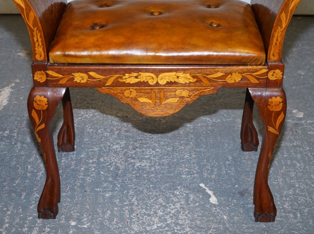 ANTIQUE 1860 DUTCH MARQUETRY WINDOW PIANO STOOL WITH HAND DYED CHESTERFIELD SEAT